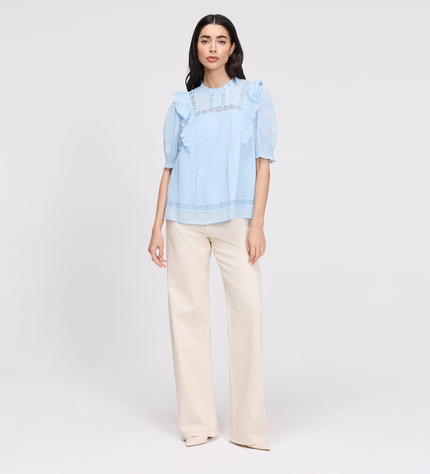 Jolin Pale Blue Lace Cotton Puff Sleeve Top