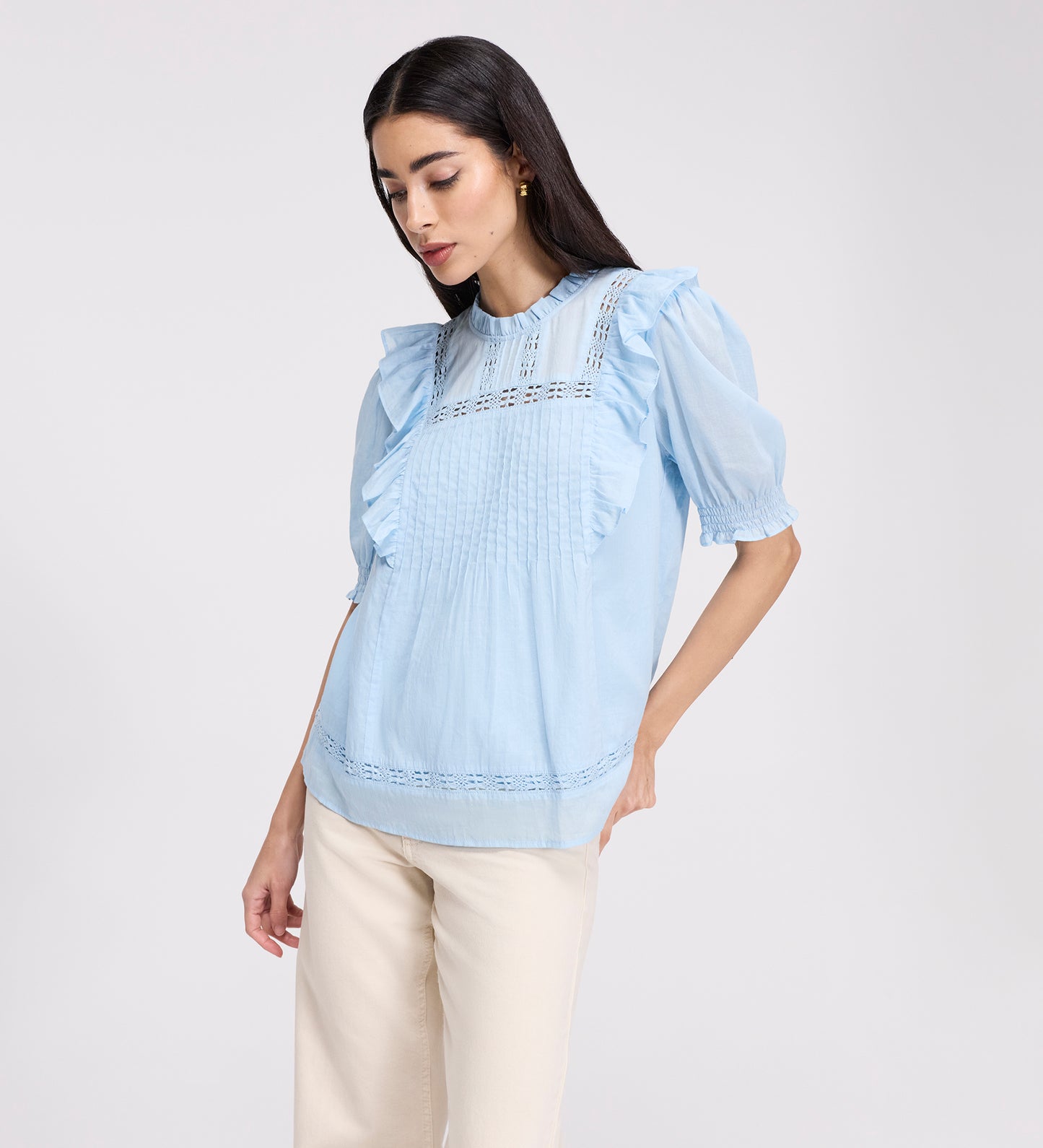 Jolin Pale Blue Lace Cotton Puff Sleeve Top