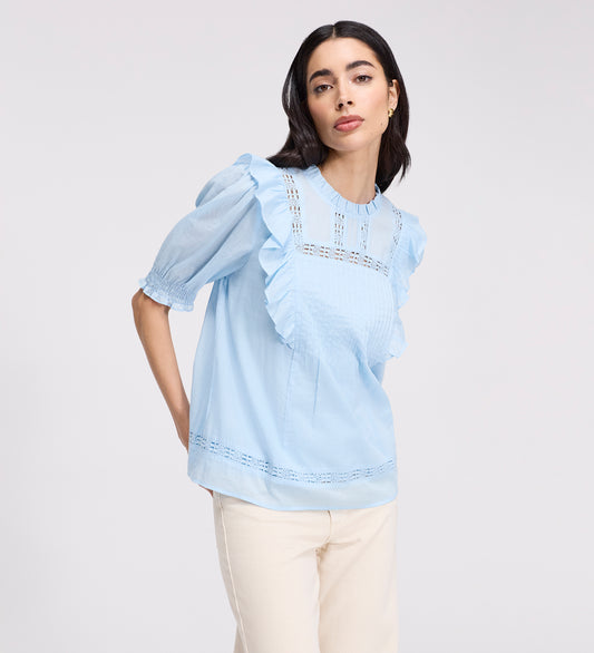 Jolin Pale Blue Lace Cotton Puff Sleeve Top