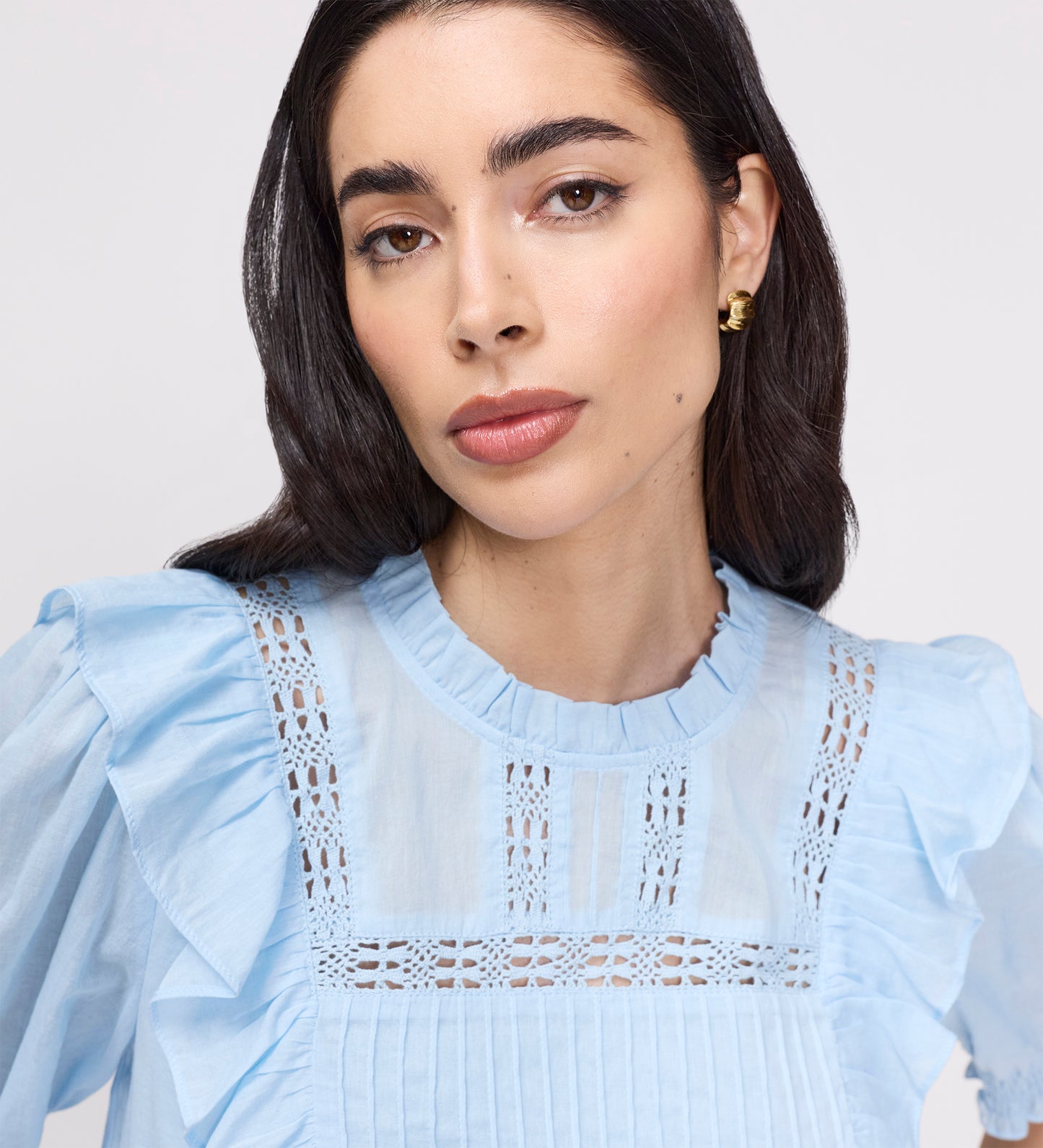 Jolin Pale Blue Lace Cotton Puff Sleeve Top