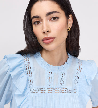 Jolin Pale Blue Lace Cotton Puff Sleeve Top
