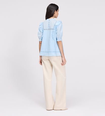 Jolin Pale Blue Lace Cotton Puff Sleeve Top