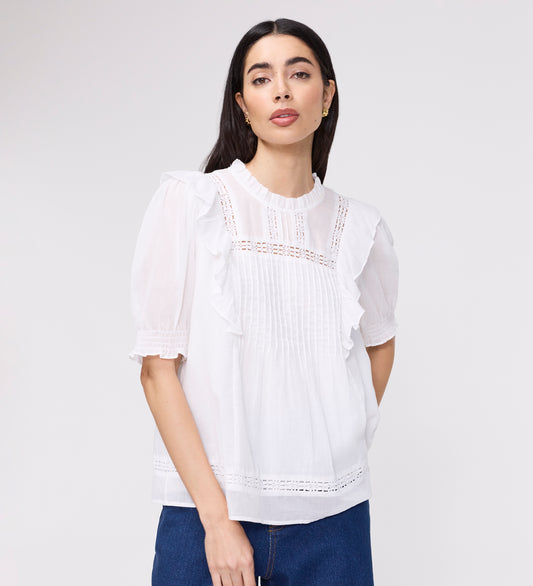 Jolin White Lace Cotton Puff Sleeve Top