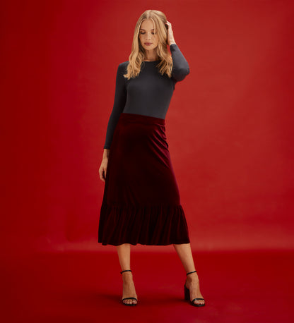 Joline Burgundy Velvet Tiered Midi Skirt