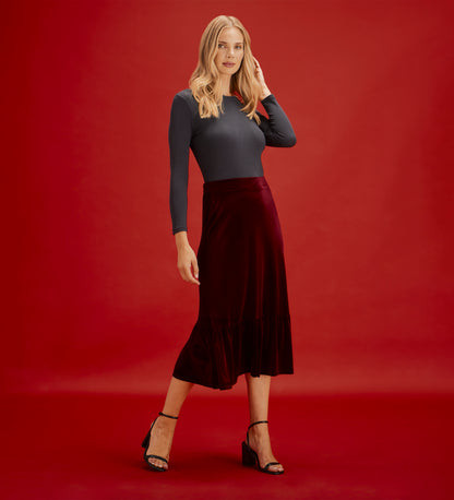 Joline Burgundy Velvet Tiered Midi Skirt