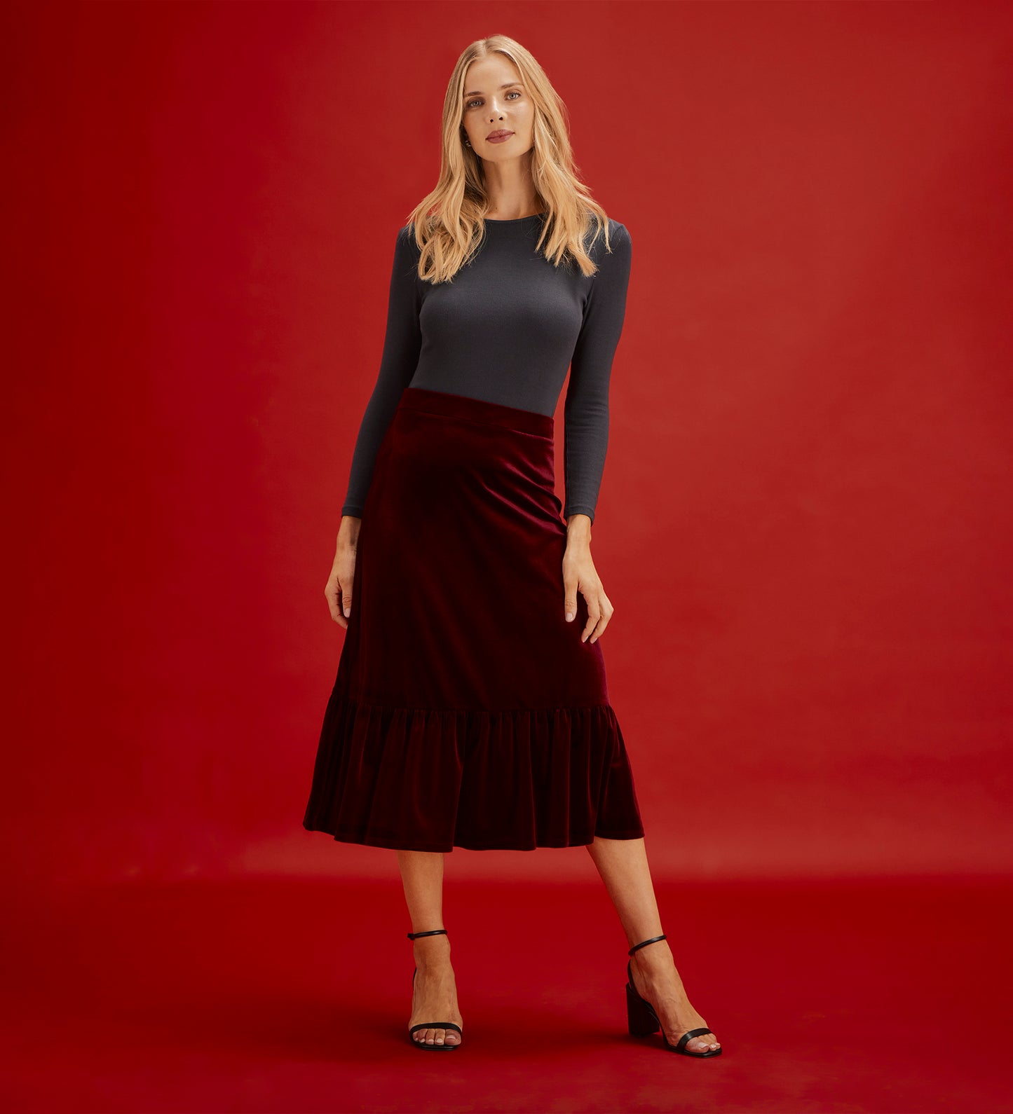 Joline Burgundy Velvet Tiered Midi Skirt