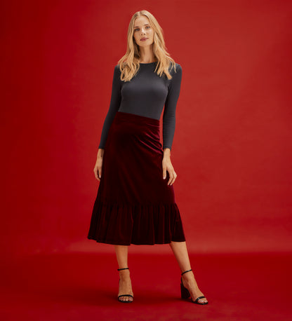 Joline Burgundy Velvet Tiered Midi Skirt
