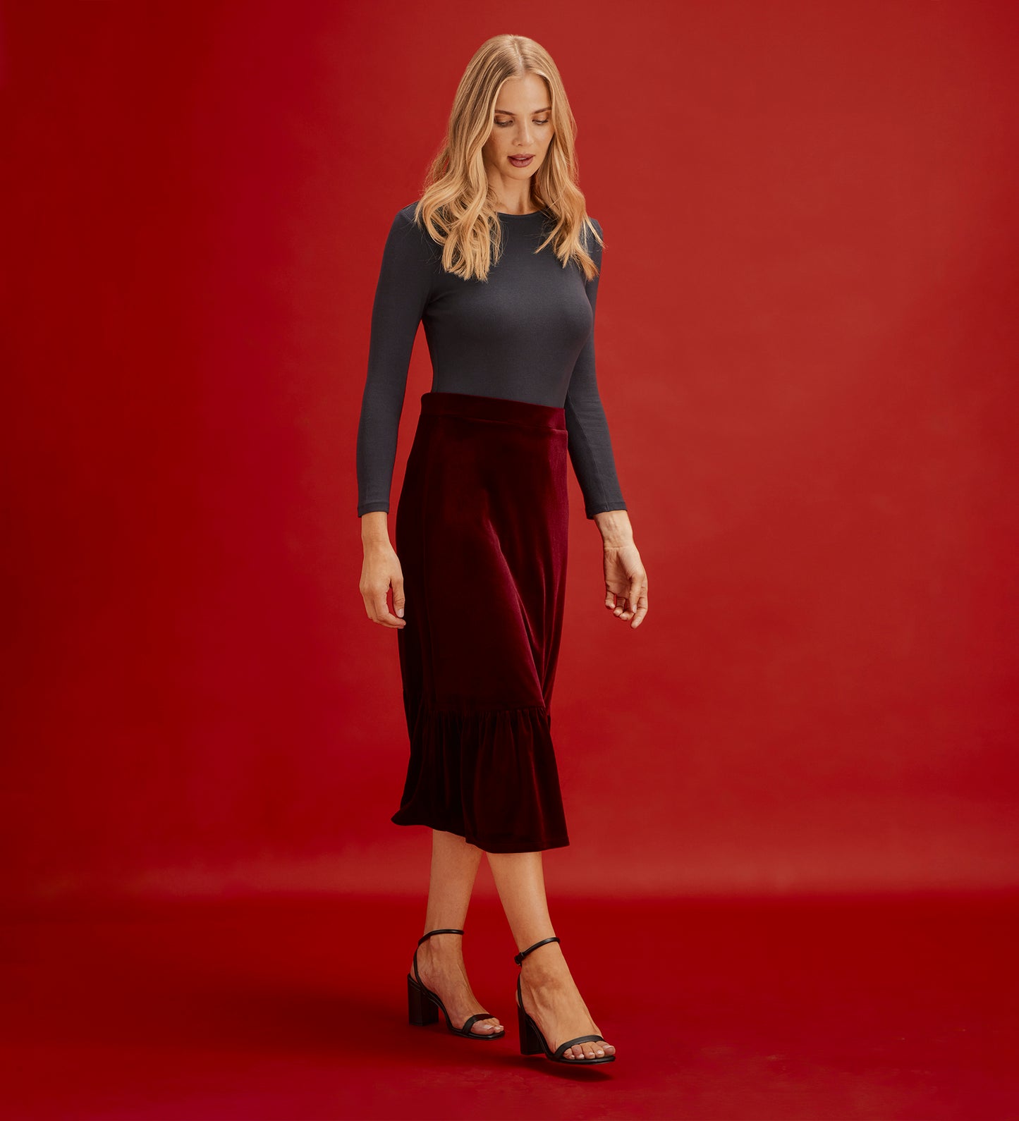 Joline Burgundy Velvet Tiered Midi Skirt