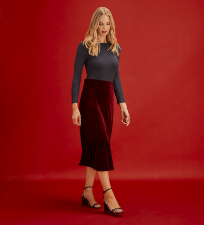 Joline Burgundy Velvet Tiered Midi Skirt