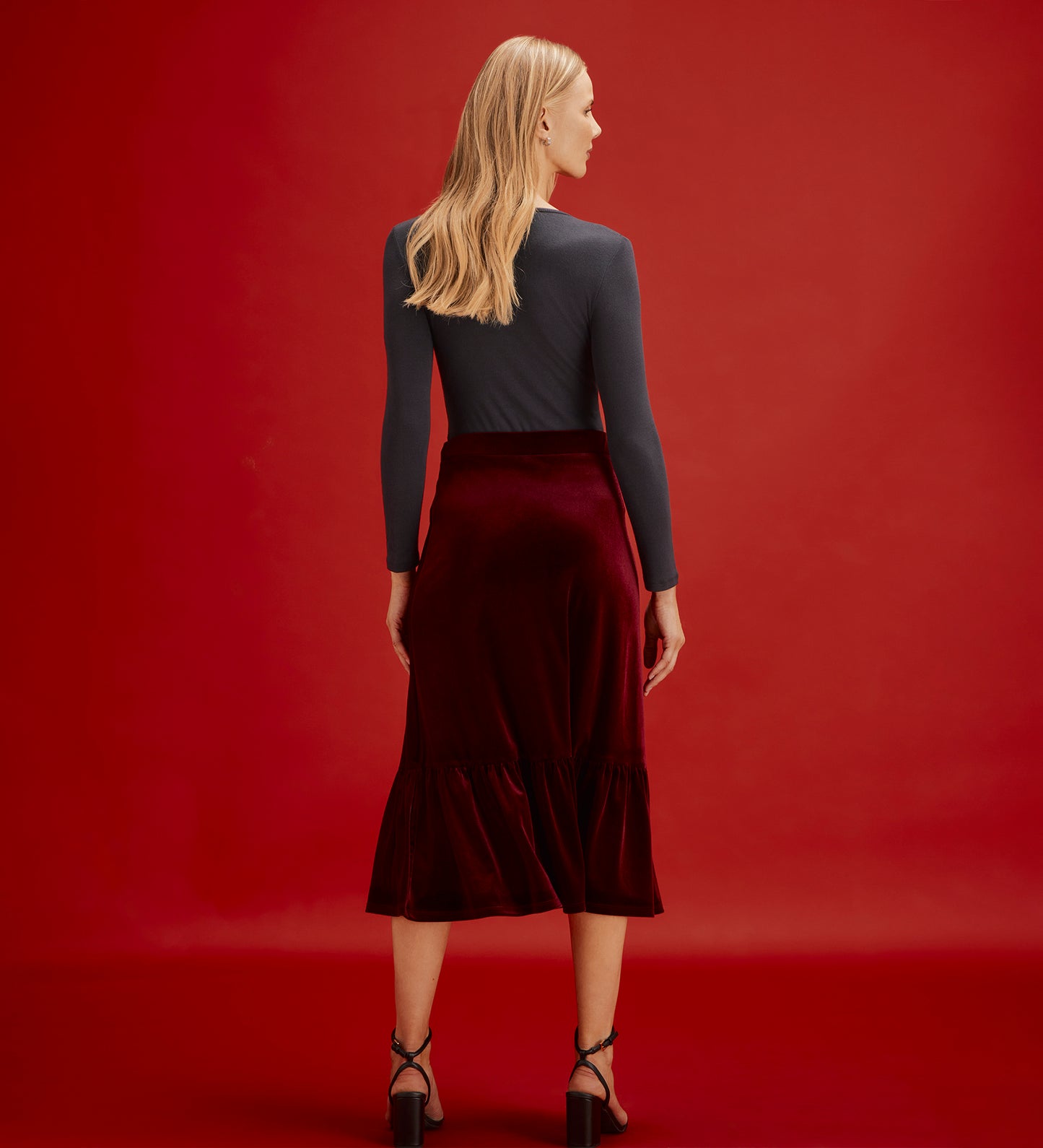Joline Burgundy Velvet Tiered Midi Skirt