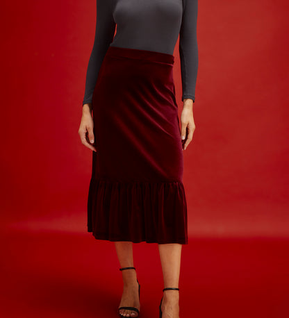 Joline Burgundy Velvet Tiered Midi Skirt
