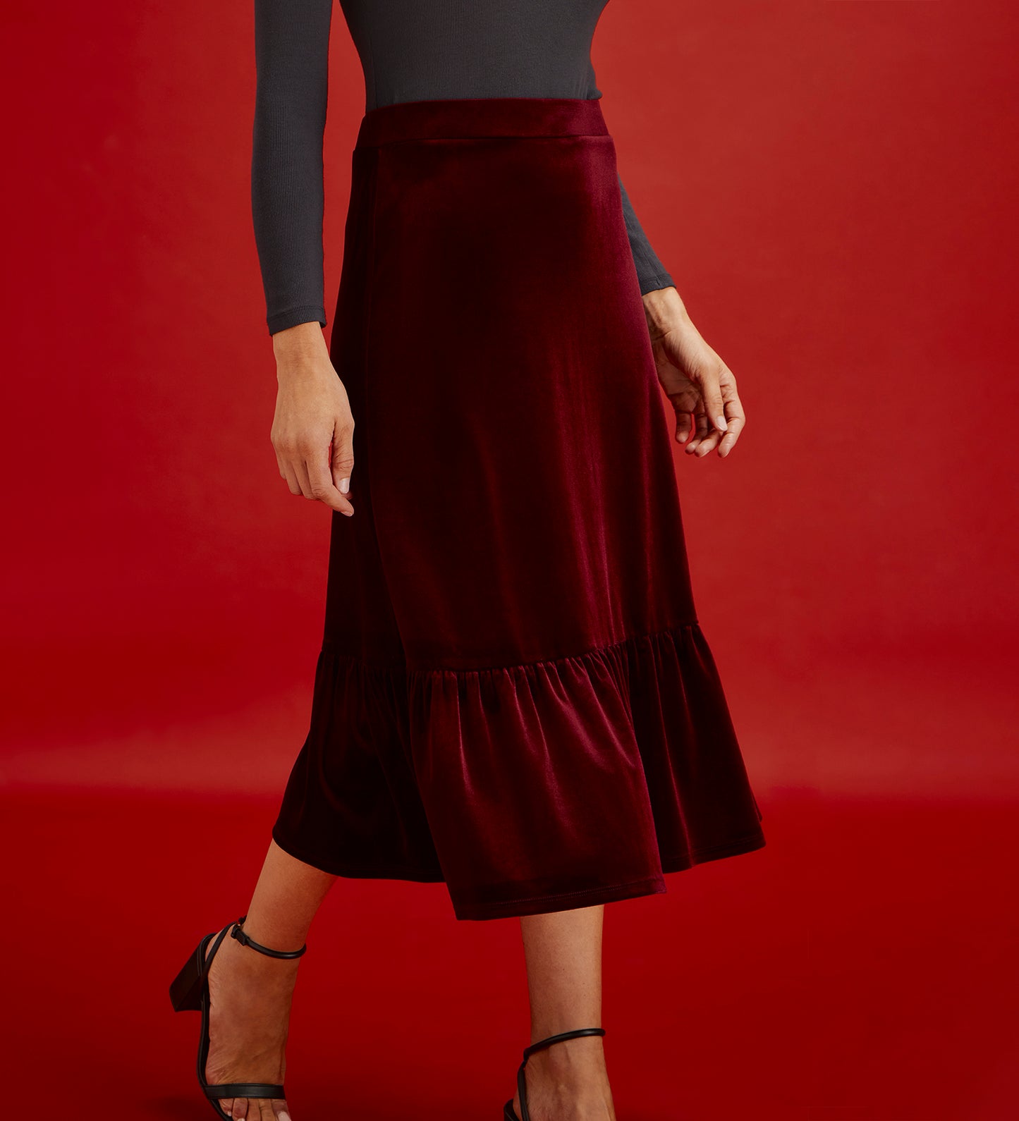 Joline Burgundy Velvet Tiered Midi Skirt