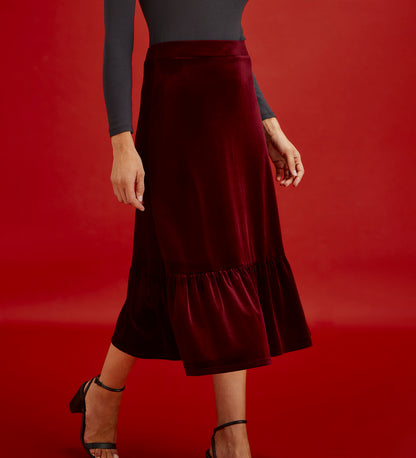 Joline Burgundy Velvet Tiered Midi Skirt