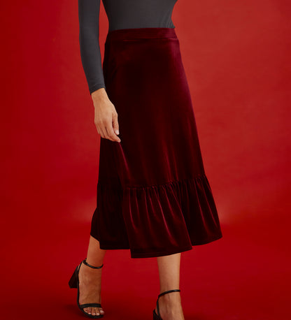 Joline Burgundy Velvet Tiered Midi Skirt