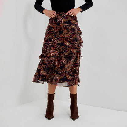 Kat Black Paisley Chiffon Asymmetric Ruffle Split Front Midi Skirt