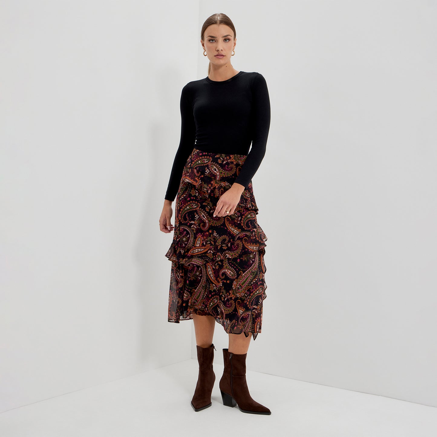 Kat Black Paisley Chiffon Asymmetric Ruffle Split Front Midi Skirt