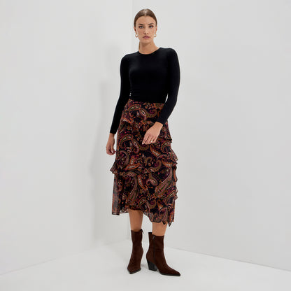 Kat Black Paisley Chiffon Asymmetric Ruffle Split Front Midi Skirt