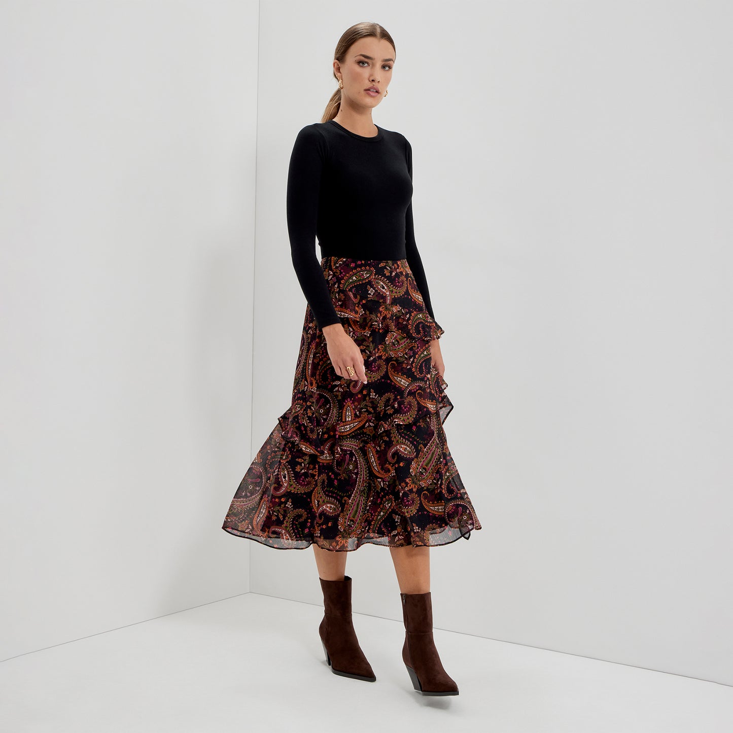 Kat Black Paisley Chiffon Asymmetric Ruffle Split Front Midi Skirt
