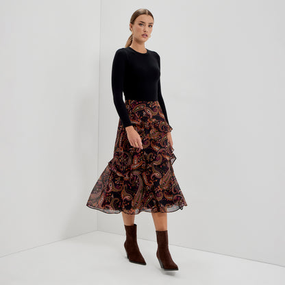 Kat Black Paisley Chiffon Asymmetric Ruffle Split Front Midi Skirt