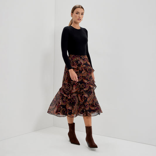 Kat Black Paisley Chiffon Asymmetric Ruffle Split Front Midi Skirt