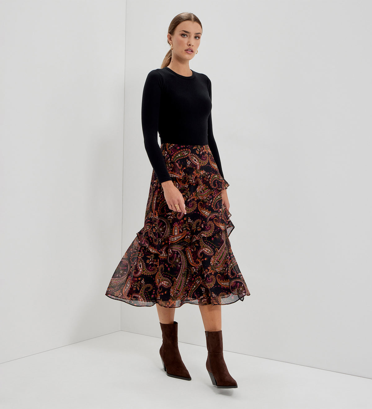 Kat Black Paisley Chiffon Asymmetric Ruffle Split Front Midi Skirt