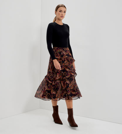 Kat Black Paisley Chiffon Asymmetric Ruffle Split Front Midi Skirt
