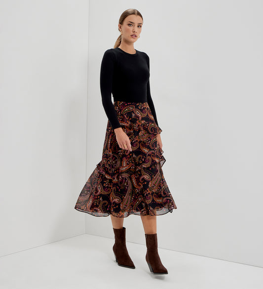 Kat Black Paisley Chiffon Asymmetric Ruffle Split Front Midi Skirt