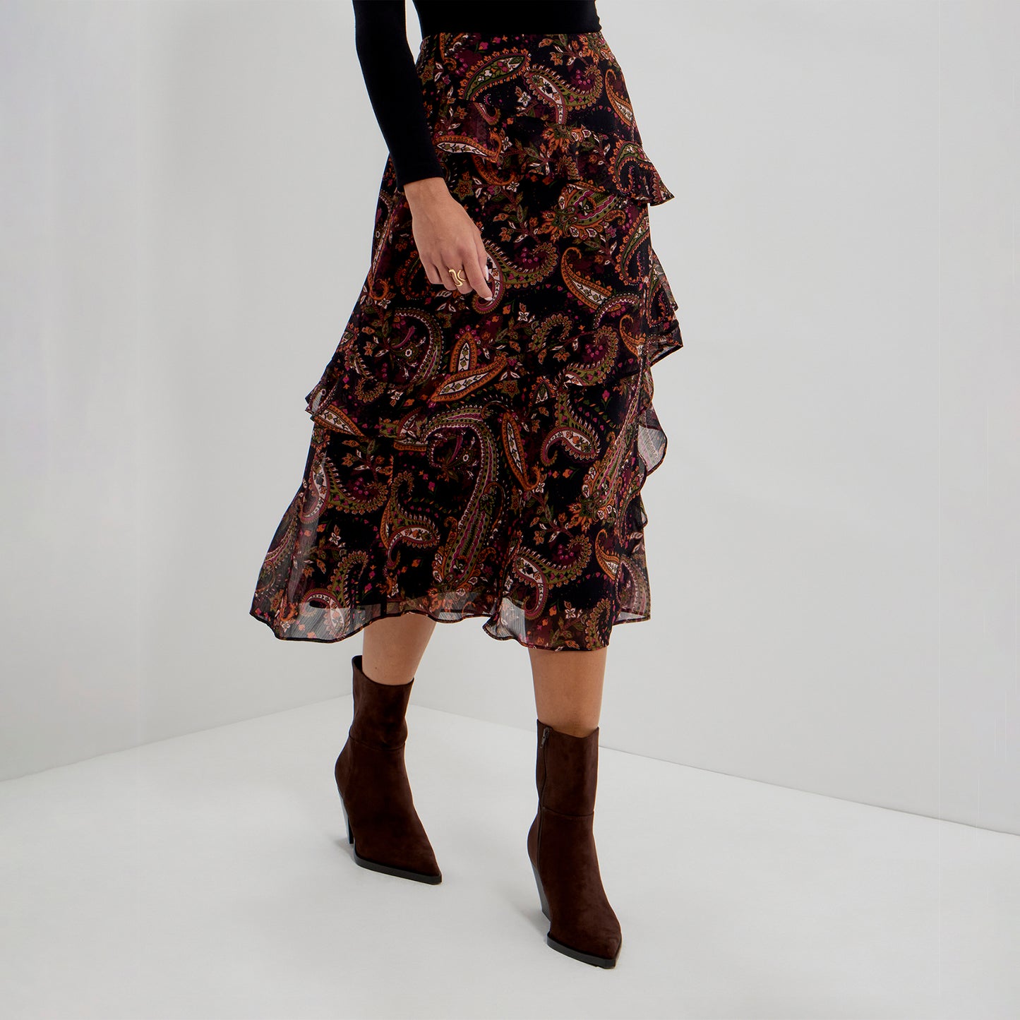 Kat Black Paisley Chiffon Asymmetric Ruffle Split Front Midi Skirt
