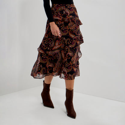Kat Black Paisley Chiffon Asymmetric Ruffle Split Front Midi Skirt