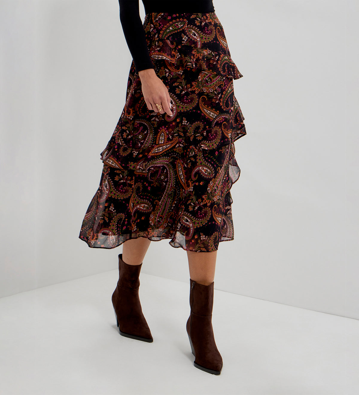 Kat Black Paisley Chiffon Asymmetric Ruffle Split Front Midi Skirt
