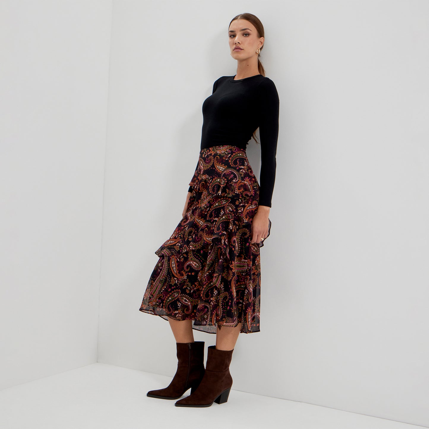 Kat Black Paisley Chiffon Asymmetric Ruffle Split Front Midi Skirt