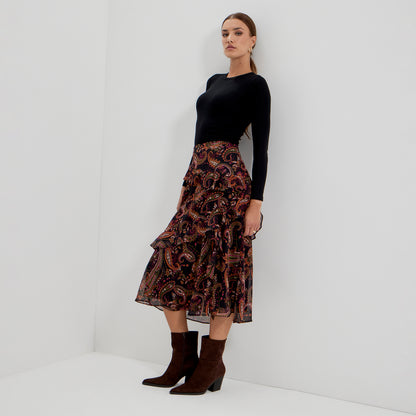 Kat Black Paisley Chiffon Asymmetric Ruffle Split Front Midi Skirt