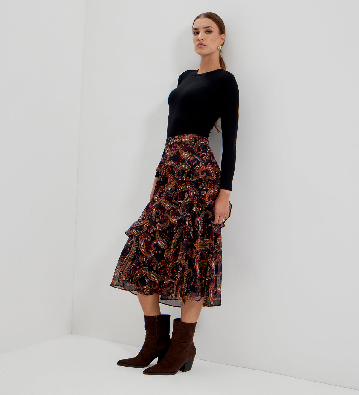 Kat Black Paisley Chiffon Asymmetric Ruffle Split Front Midi Skirt