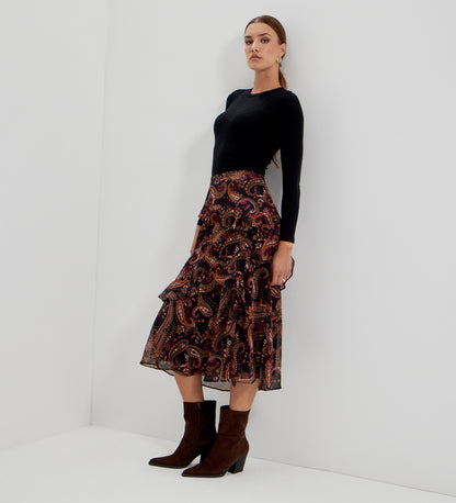 Kat Black Paisley Chiffon Asymmetric Ruffle Split Front Midi Skirt