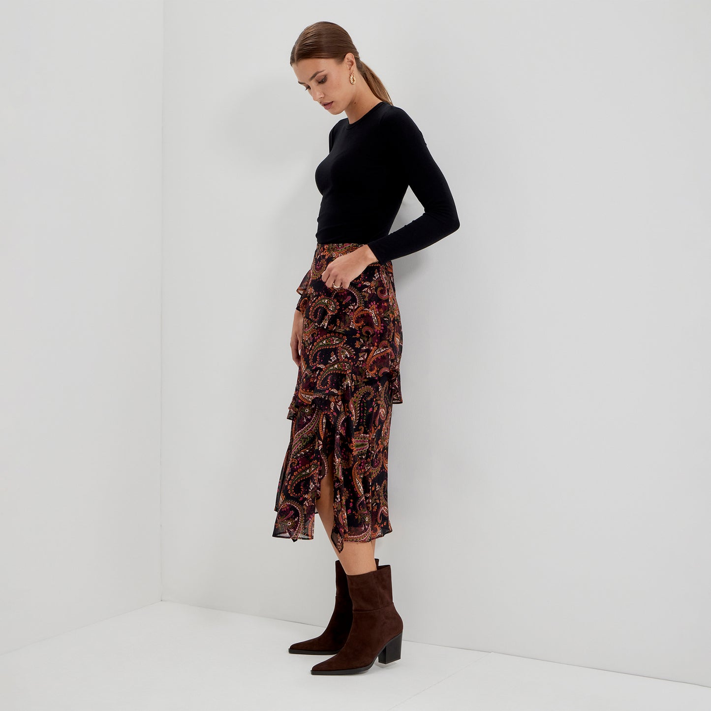 Kat Black Paisley Chiffon Asymmetric Ruffle Split Front Midi Skirt