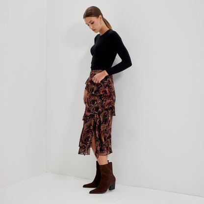 Kat Black Paisley Chiffon Asymmetric Ruffle Split Front Midi Skirt