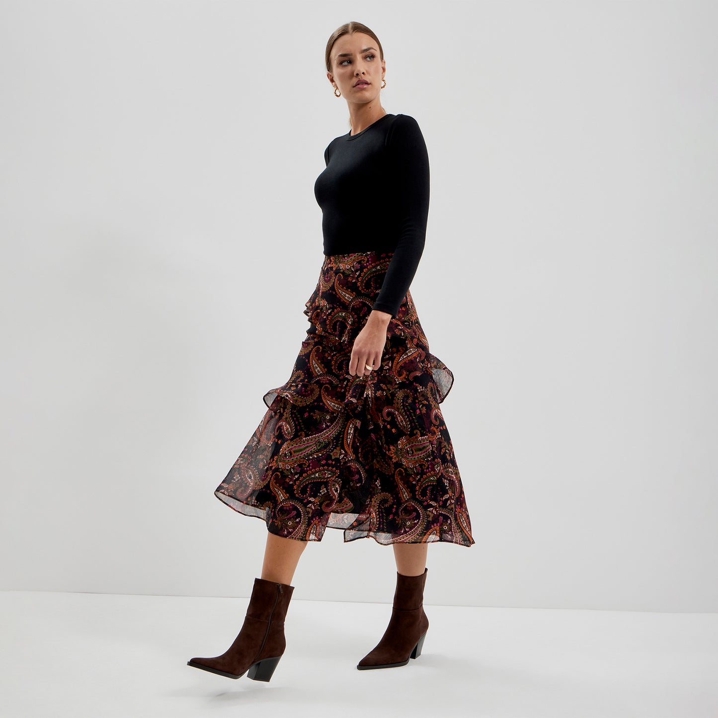 Kat Black Paisley Chiffon Asymmetric Ruffle Split Front Midi Skirt