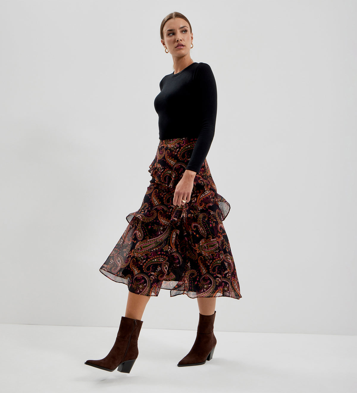Kat Black Paisley Chiffon Asymmetric Ruffle Split Front Midi Skirt