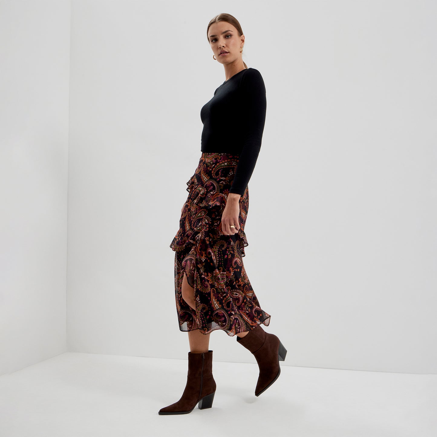 Kat Black Paisley Chiffon Asymmetric Ruffle Split Front Midi Skirt