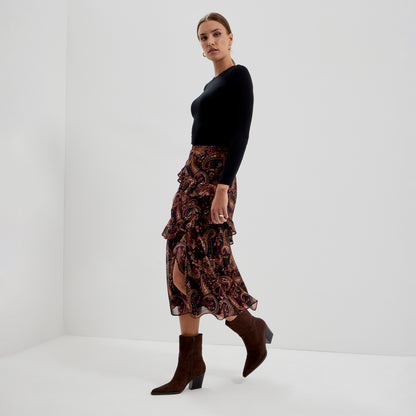 Kat Black Paisley Chiffon Asymmetric Ruffle Split Front Midi Skirt