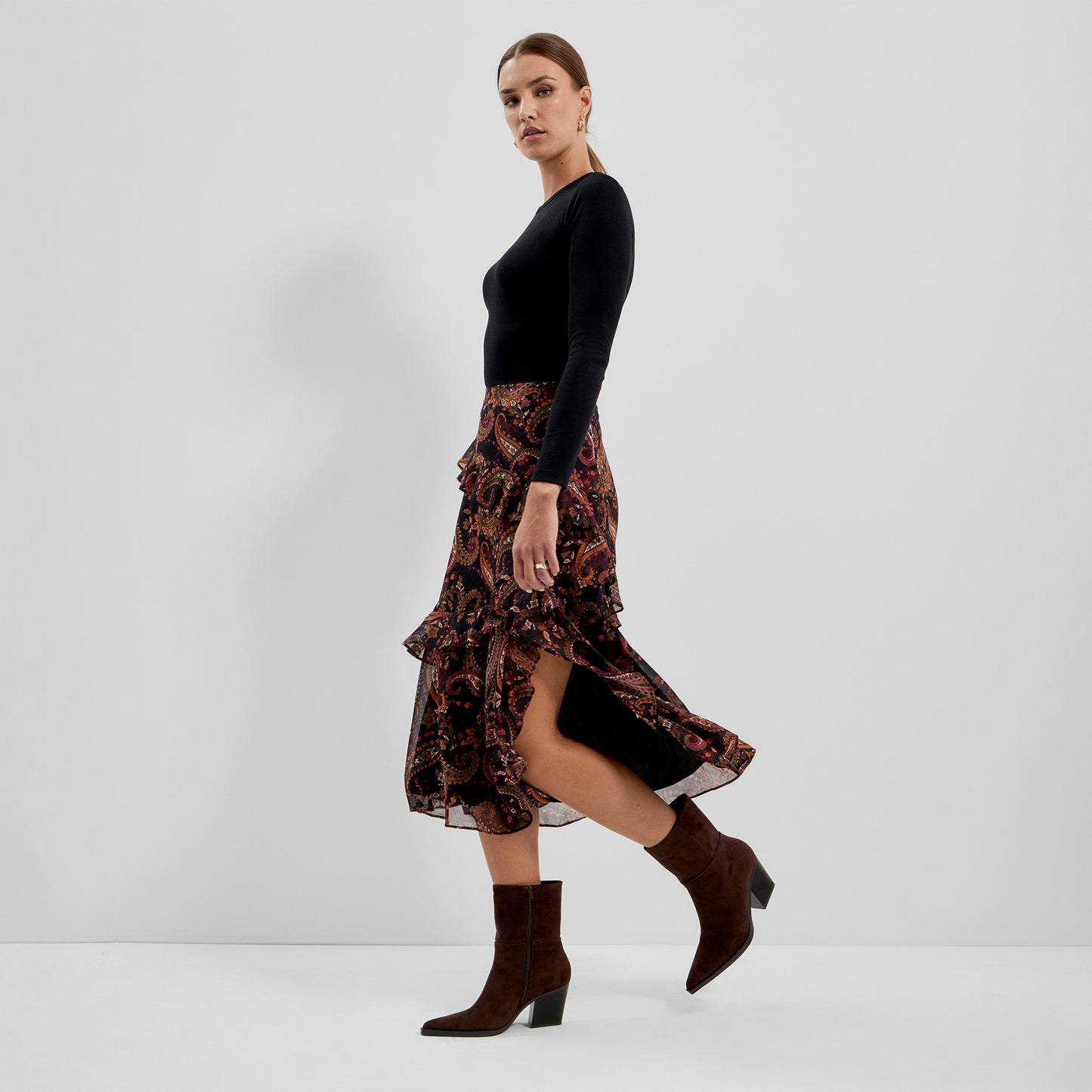 Kat Black Paisley Chiffon Asymmetric Ruffle Split Front Midi Skirt