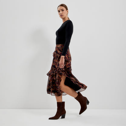 Kat Black Paisley Chiffon Asymmetric Ruffle Split Front Midi Skirt