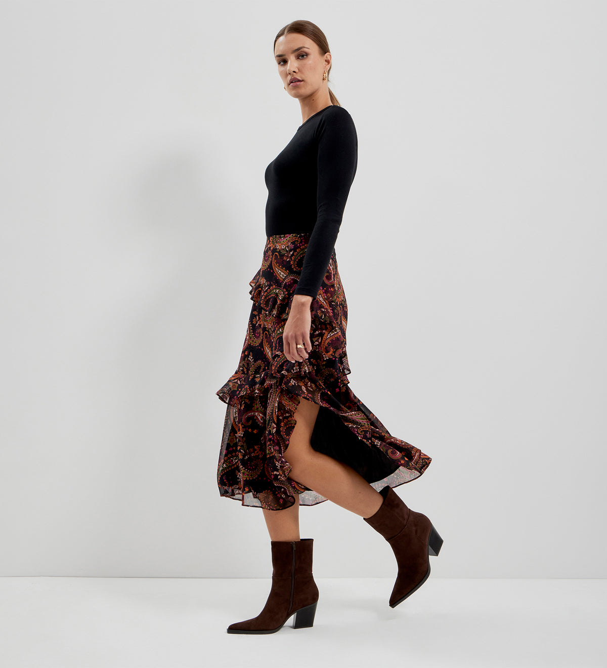 Kat Black Paisley Chiffon Asymmetric Ruffle Split Front Midi Skirt