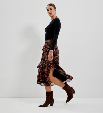 Kat Black Paisley Chiffon Asymmetric Ruffle Split Front Midi Skirt
