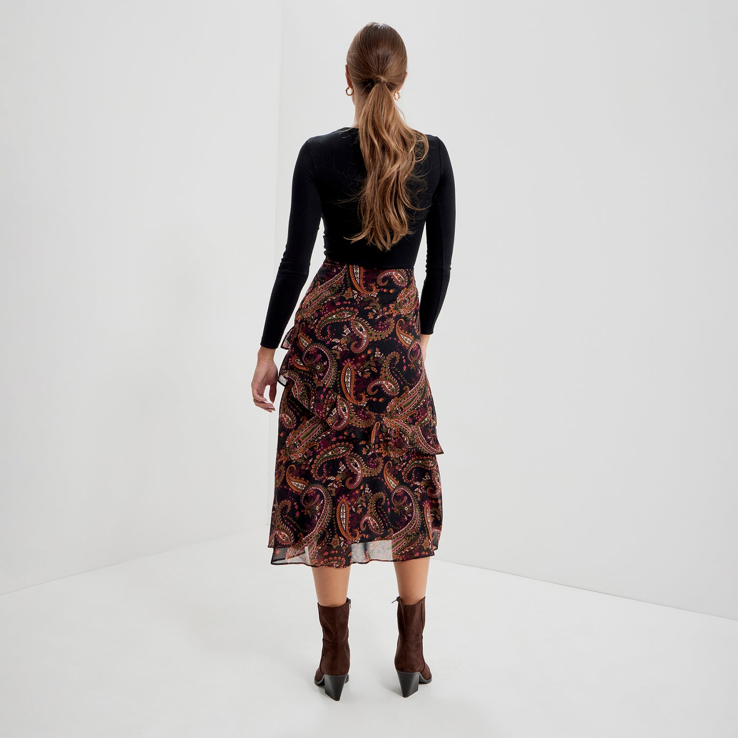 Kat Black Paisley Chiffon Asymmetric Ruffle Split Front Midi Skirt