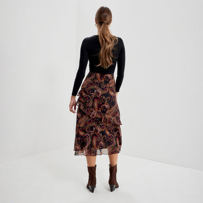 Kat Black Paisley Chiffon Asymmetric Ruffle Split Front Midi Skirt