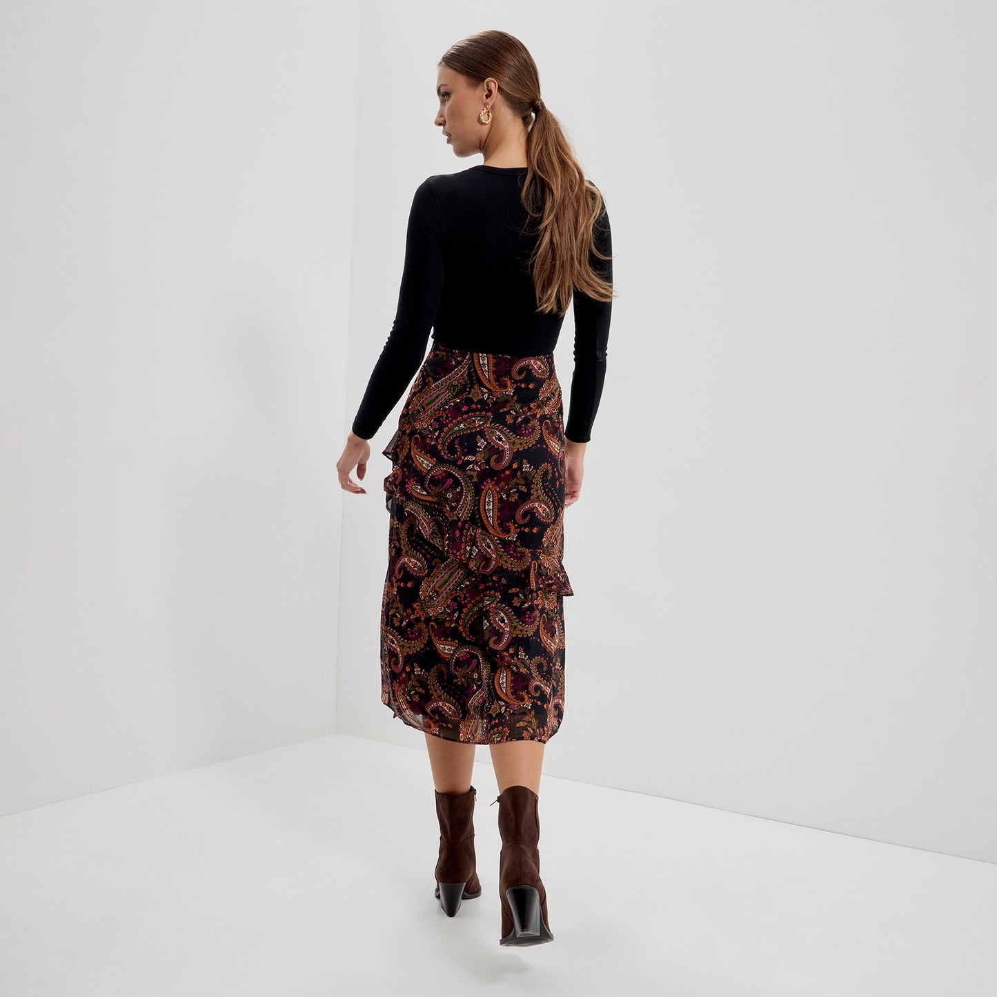 Kat Black Paisley Chiffon Asymmetric Ruffle Split Front Midi Skirt
