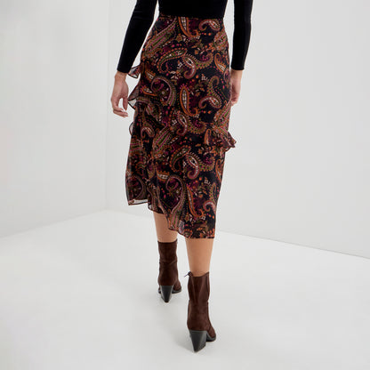 Kat Black Paisley Chiffon Asymmetric Ruffle Split Front Midi Skirt