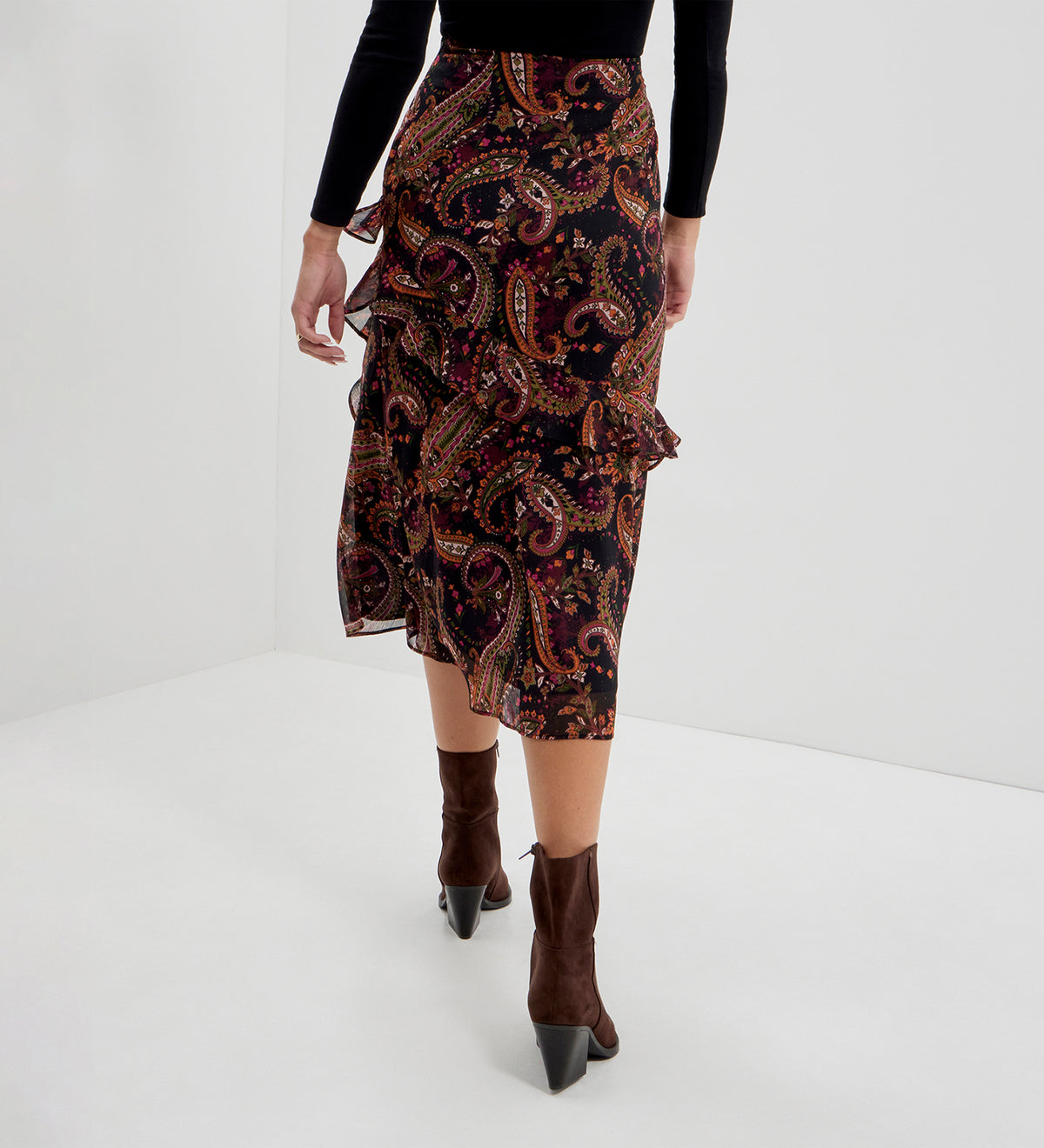 Kat Black Paisley Chiffon Asymmetric Ruffle Split Front Midi Skirt