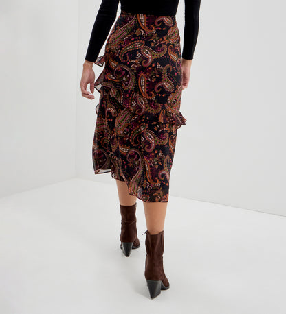 Kat Black Paisley Chiffon Asymmetric Ruffle Split Front Midi Skirt